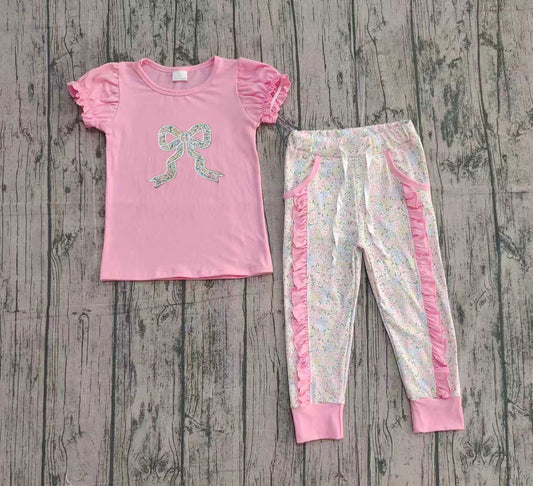 NO MOQ Preorder GSPO2060 Embroidered Bows Floral Pink Short Sleeve Pants Girls Set 202510