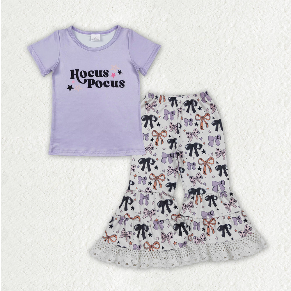 GSPO2064 Halloween Letter Bows Short Sleeve Lace Ruffle Bell Bottom Pants Girls Set 202508 RTS