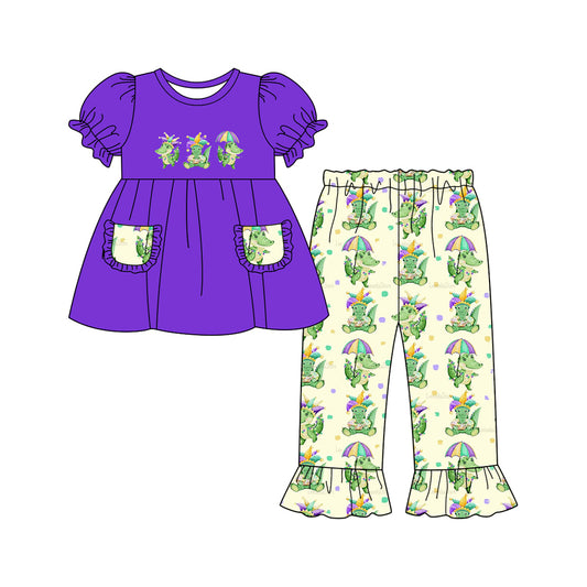 MOQ 8 Preorder GSPO2068 Mardi Gras Dinosaur Pocket Purple Short Sleeve Pants Girls Set 202509