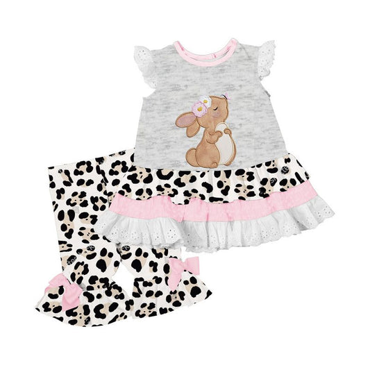 MOQ 8 Preorder GSPO2070 Easter Bunny Leopard Lace Riffle Flying Sleeve Bell Bottom Pants Girls Set 202509