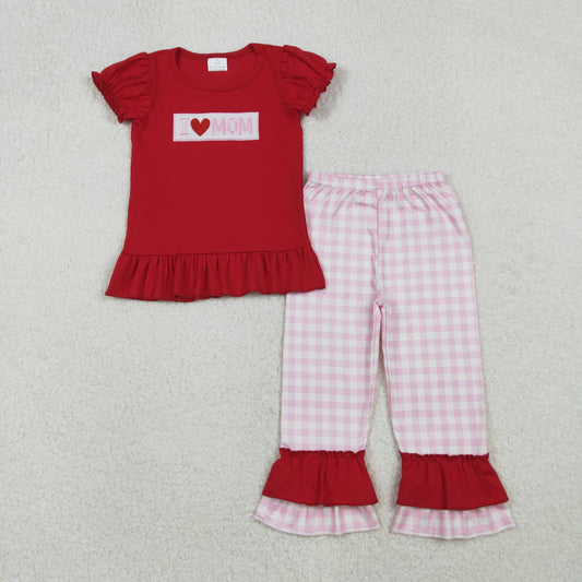 GSPO2071 Embroidered I Love Mom Short Sleeve Plaid Pants Girls Set 202510 RTS Sibling