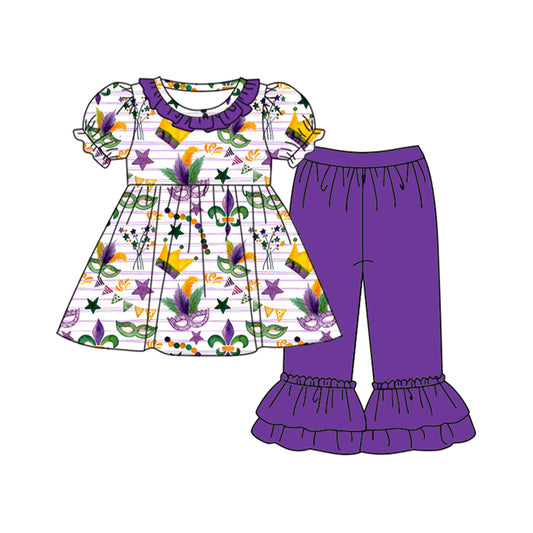 MOQ 8 Preorder GSPO2076 Mardi  Gras Purple Ruffle Puff Short Sleeve Top Pants Girls Set 202509