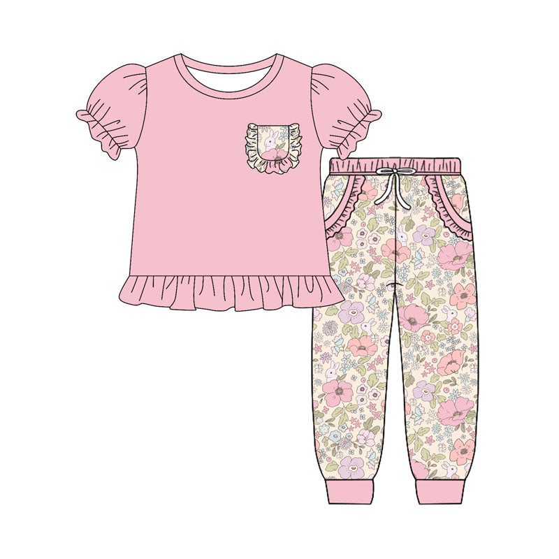 MOQ 8 Preorder GSPO2077 Easter Bunny Ruffle Puff Pink Short Sleeve Top Pants Girls Set 202509