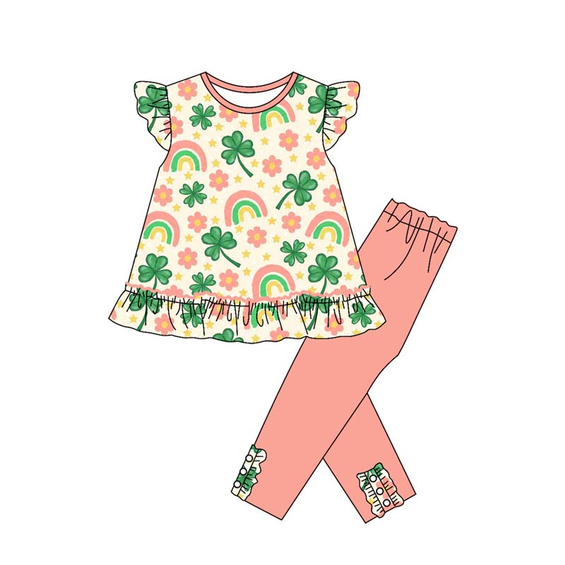MOQ 8 Preorder GSPO2078 St. Patrick's Day Four-Leaf Clover Rainbow Flower Star Ruffle Flying Sleeve Top Pants Girls Sets 202509