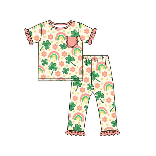 MOQ 8 Preorder GSPO2079 St. Patrick's Day Four-Leaf Clover Rainbow Flower Star Ruffle Short Sleeve Top Pants Girls Sets 202509