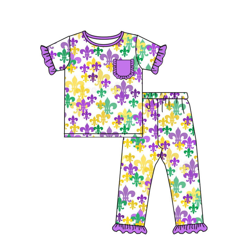 MOQ 8 Preorder GSPO2080 Mardi Gras Pocket Ruffle Purple Short Sleeve Top Pants Girls  Sets  202509