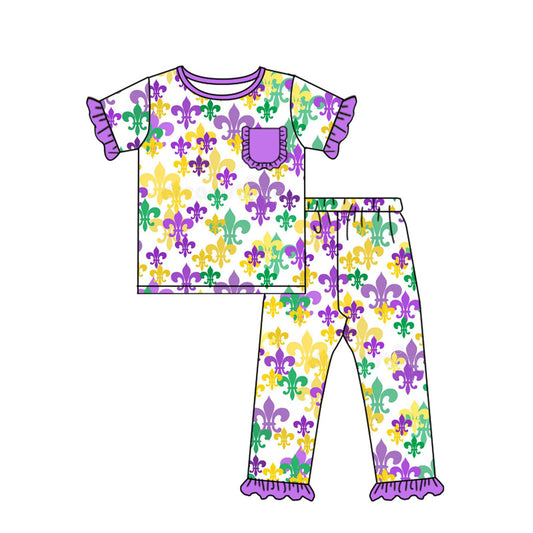 MOQ 8 Preorder GSPO2080 Mardi Gras Pocket Ruffle Purple Short Sleeve Top Pants Girls  Sets  202509