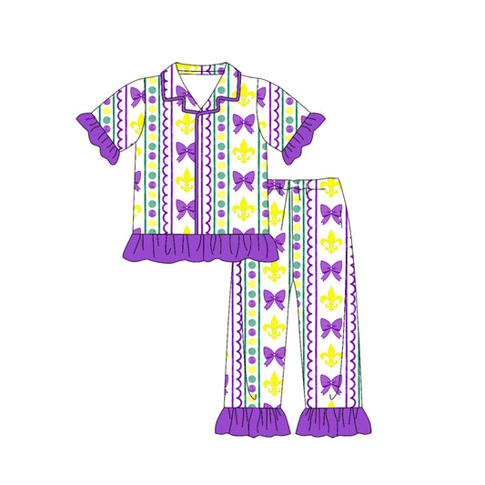 MOQ 8 preorder GSPO2085 Mardi Gras Bows Purple Ruffle Button Polo Short Sleeve Pants Girls Set 202509