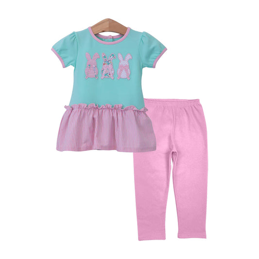 MOQ 8 preorder GSPO2087 Easter Bunny Pink Stripe Short Sleeve Pants Girls Set 202509