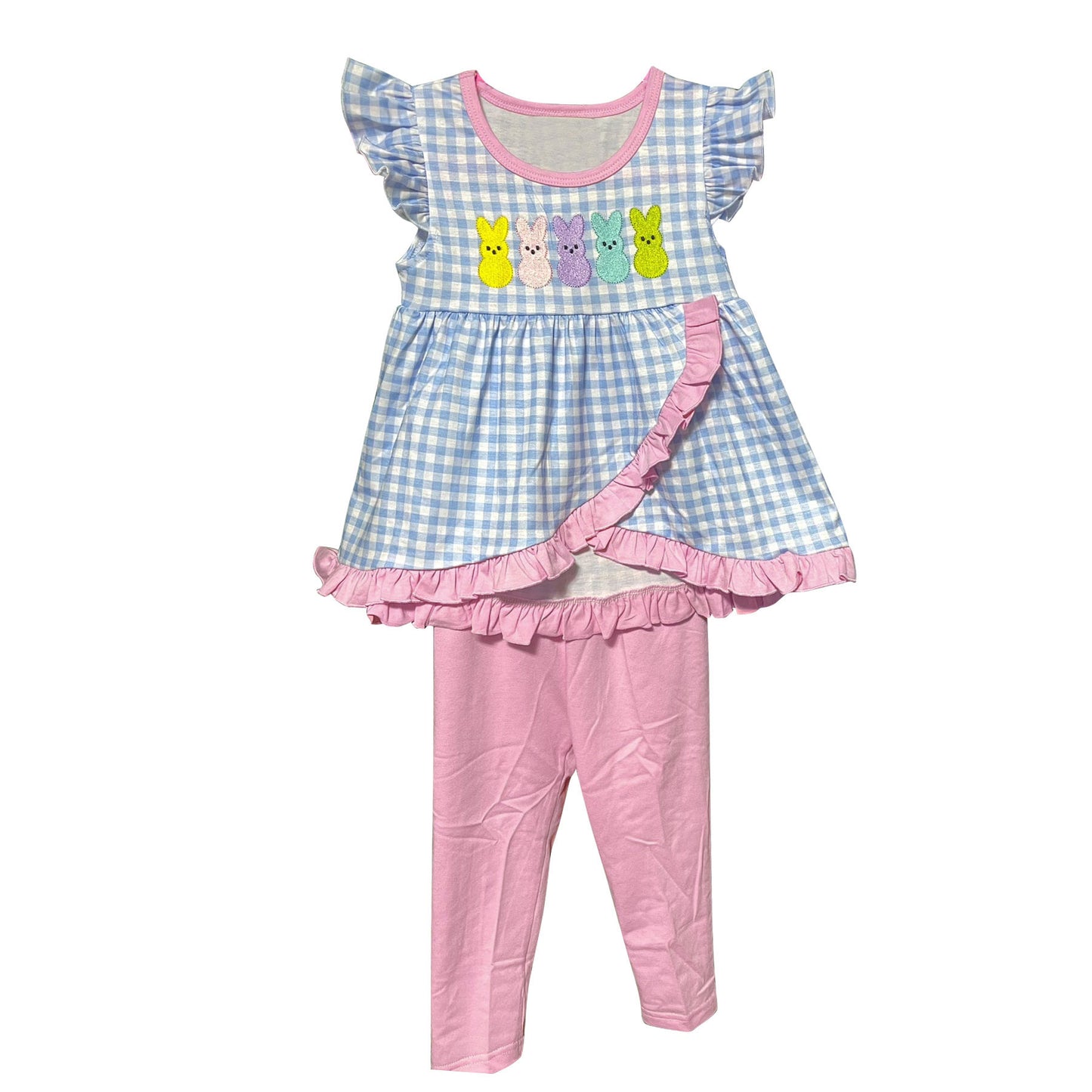 MOQ 8 preorder GSPO2088 Easter Bunny Blue Plaid Pink Ruffle Flying Sleeve Pants Girls Set 202509