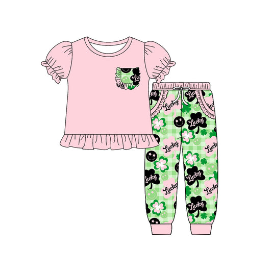 MOQ 8 Preorder GSPO2090 St. Patrick's Day Four-Leaf Pink Ruffle Short Sleeve Top Pants Girls  Sets  202509