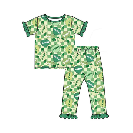 MOQ 8 Preorder GSPO2091 St. Patrick's Day Four-Leaf Green Ruffle Short Sleeve Top Pants Girls  Sets  202509
