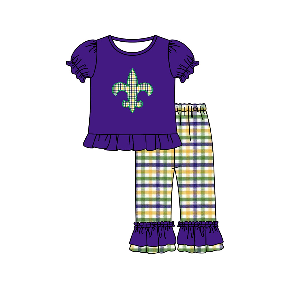 MOQ 8 preorder GSPO2093 Mardi Gras Purple Ruffle Short Sleeve Pants Girls Set 202509