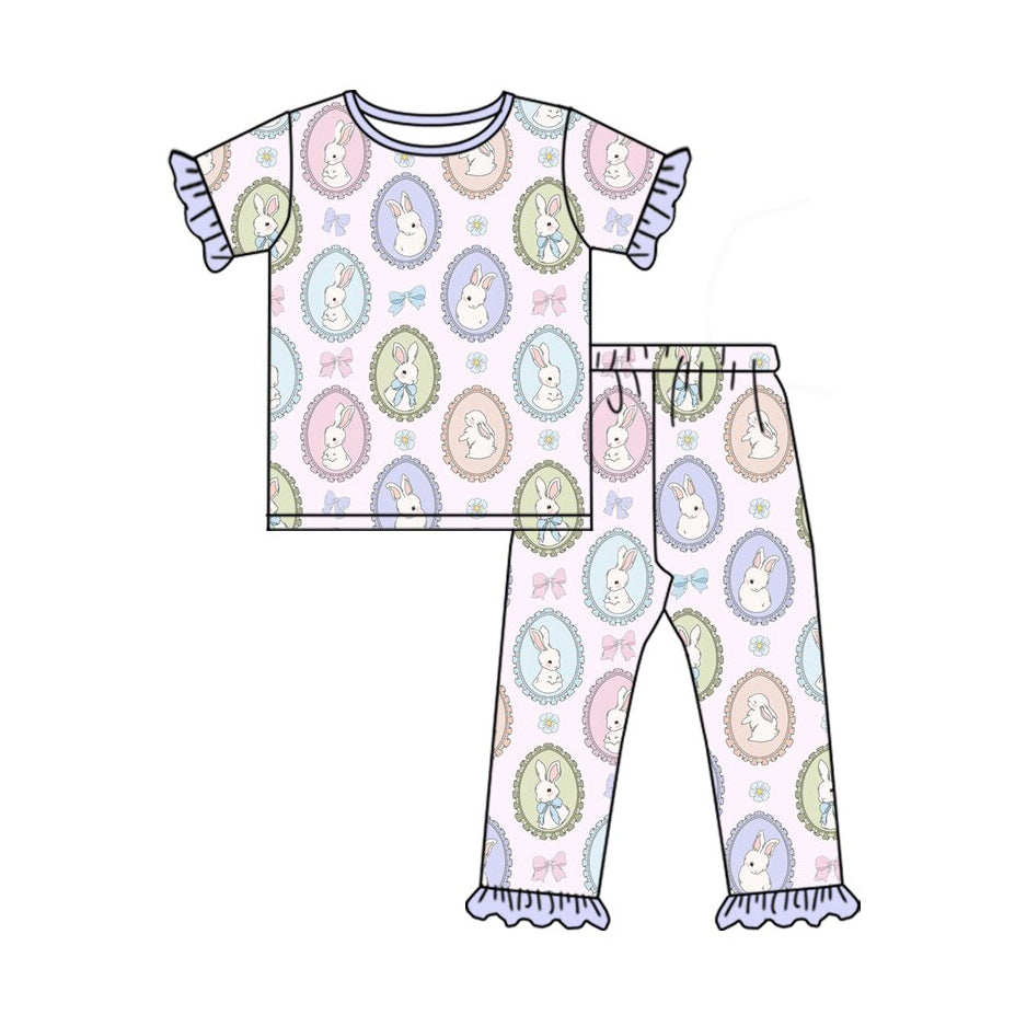 MOQ 8 preorder GSPO2099 Easter Bunny Bows Purple Ruffle Short Sleeve Pants Girls Set 202510