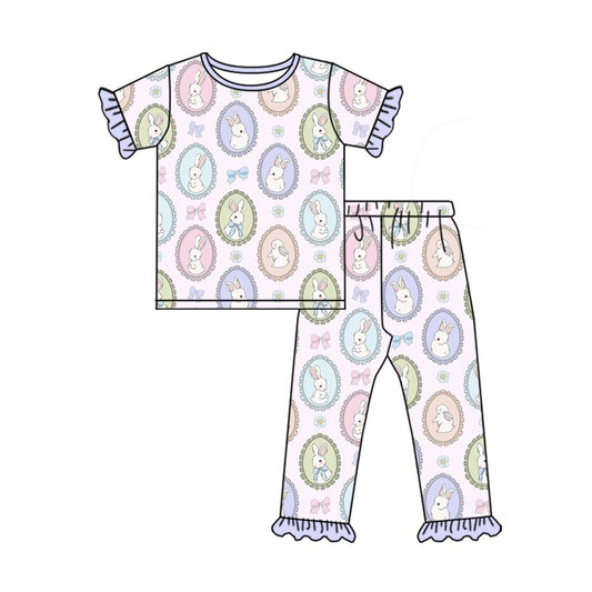 MOQ 8 preorder GSPO2099 Easter Bunny Bows Purple Ruffle Short Sleeve Pants Girls Set 202510