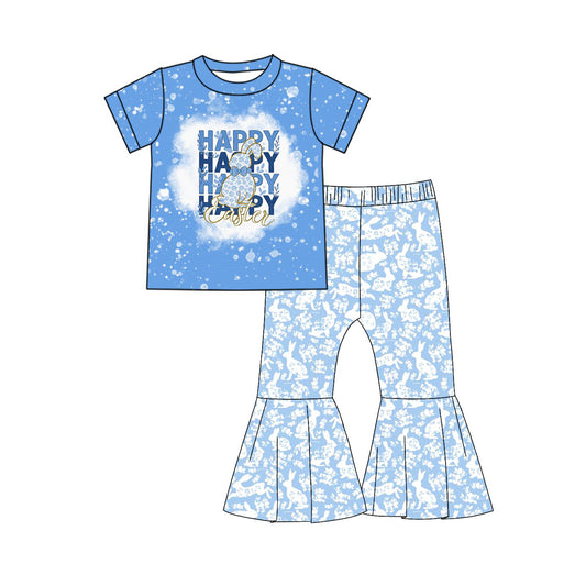 MOQ 8 preorder GSPO2100 Easter Bunny Blue Short Sleeve Bell Bottom Pants Girls Set 202510