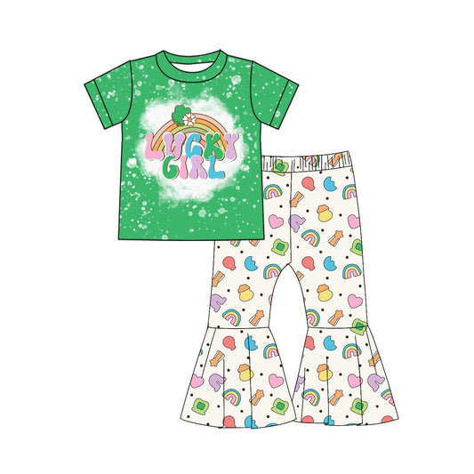 MOQ 8 preorder GSPO2101 Lucky Girl Green Short Sleeve Bell Bottom Pants Girls Set 202510