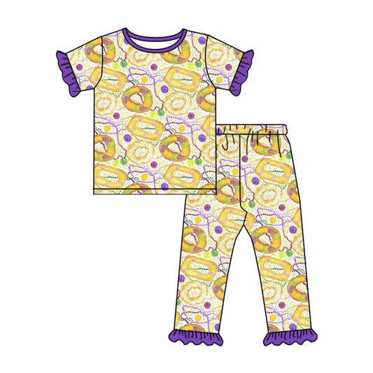 MOQ 8 preorder GSPO2102 Mardi Gras Purple Ruffle Short Sleeve Pants Girls Set 202510