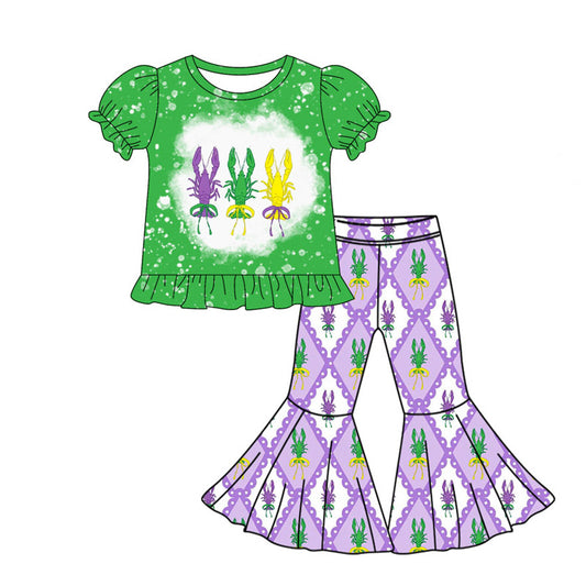 MOQ 8 preorder GSPO2103 Mardi Gras Crayfish Green Puff Short Sleeve Bell Bottom Pants Girls Set 202510