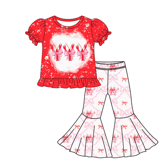 MOQ 8 preorder GSPO2105 Mardi Gras Crayfish Red Short Sleeve Bell Bottom Pants Girls Set 202510