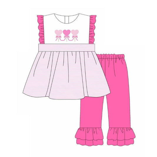 MOQ 8 preorder GSPO2106 Valentine's Day Love Rose Red Stripe Ruffle Sleeve Pants Girls Set 202510