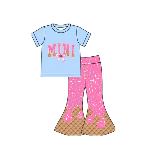 MOQ 8 preorder GSPO2107 MINI Waffle Ice Cream Drip Clothes Blue Short Sleeve Pink Bell Bottom Pants Girls Set 202510