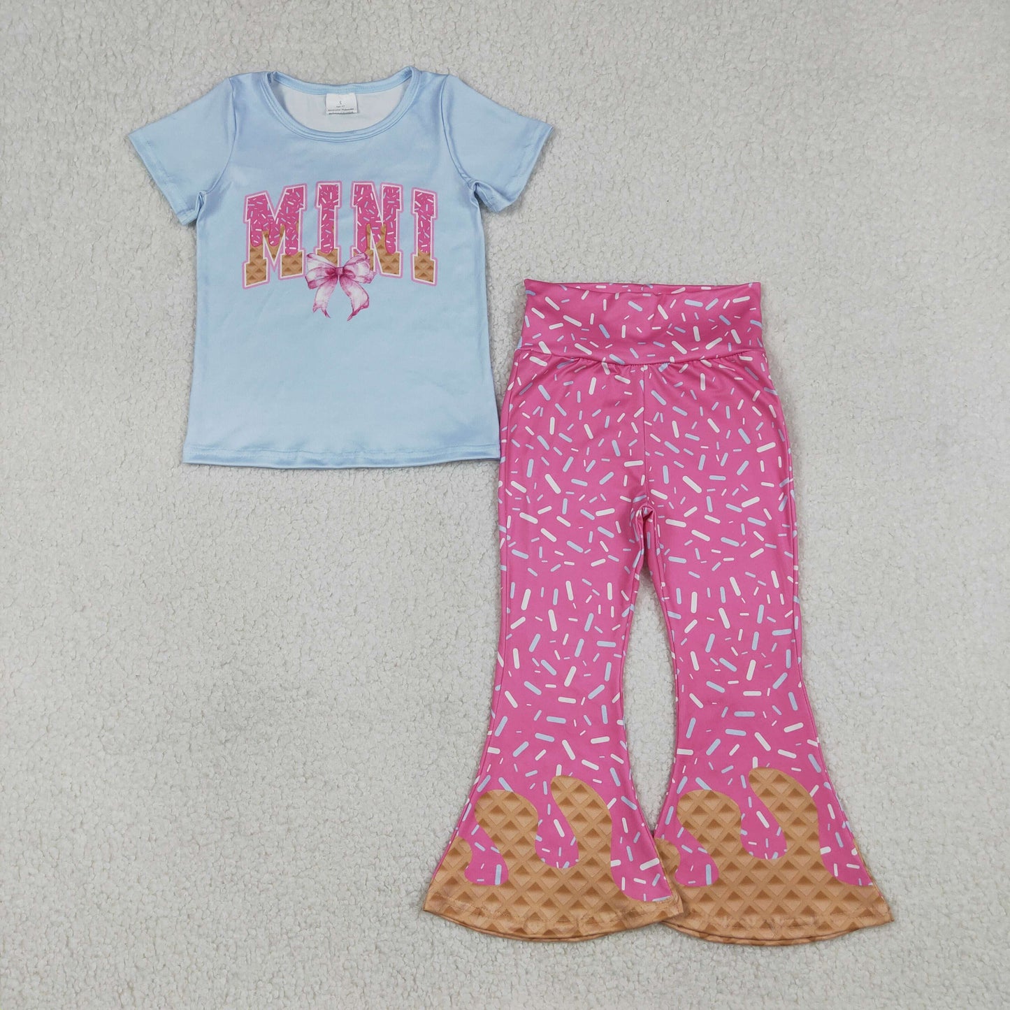 GSPO2107 MINI Waffle Ice Cream Drip Clothes Blue Short Sleeve Pink Bell Bottom Pants Girls Set 202512 RTS