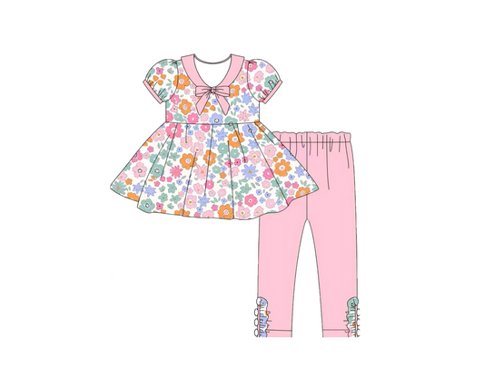 MOQ 8 preorder GSPO2108 Flower Bow Tunic Pink Short Sleeve Pants Girls Set 202510