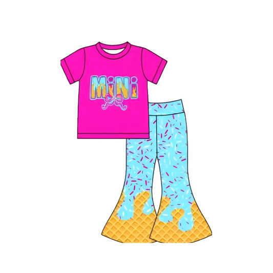 MOQ 8 preorder GSPO2109 MINI Waffle Ice Cream Drip Clothes Rose Red Short Sleeve Blue Green Bell Bottom Pants Girls Set 202510