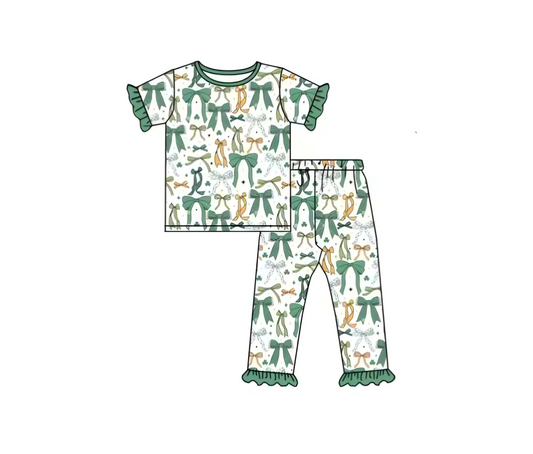 MOQ 8 preorder GSPO2111 Bows Green Ruffle Short Sleeve Pants Girls Set 202510