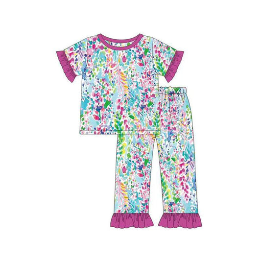 MOQ 8 preorder GSPO2112 Sea Grass Rose Red Ruffle Short Sleeve Pants Girls Set 202510