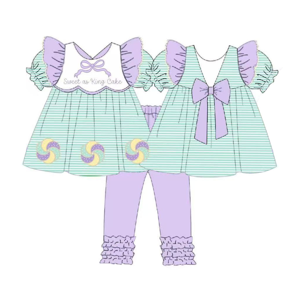 MOQ 8 preorder GSPO2113 Mardi Gras Green Stripe Purple Ruffle Bows Short Sleeve Pants Girls Set 202510
