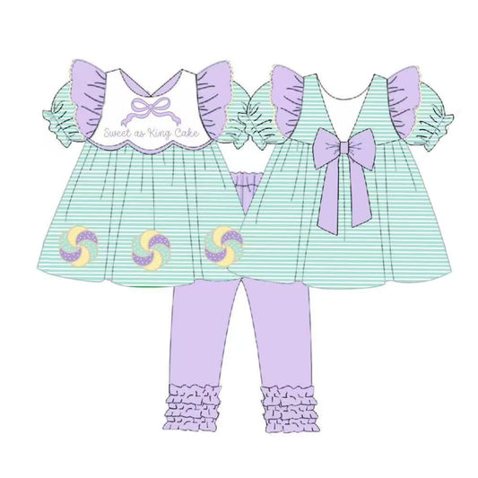 MOQ 8 preorder GSPO2113 Mardi Gras Green Stripe Purple Ruffle Bows Short Sleeve Pants Girls Set 202510