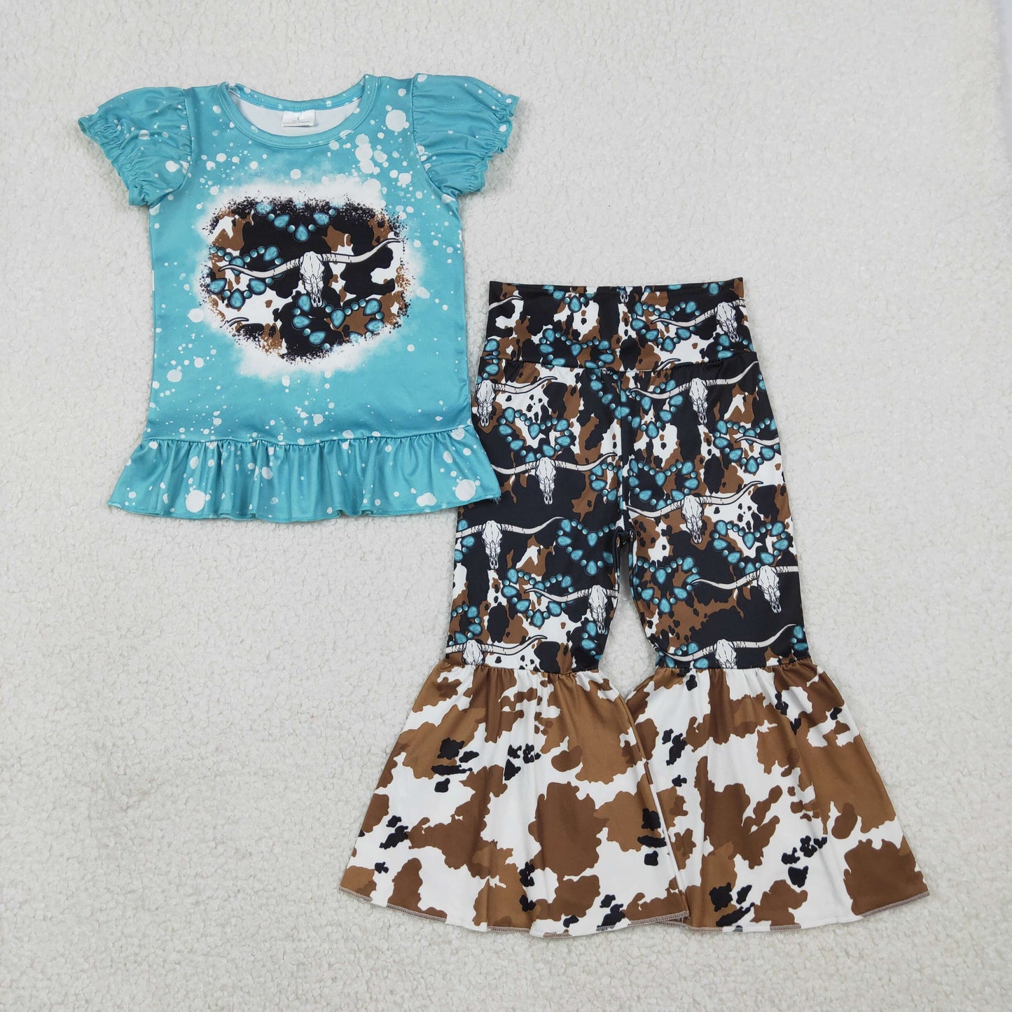 GSPO2116 Alpine Bull Head Emerald Ink Pattern Short-Sleeved Pants Girls Sets 20260119 RTS