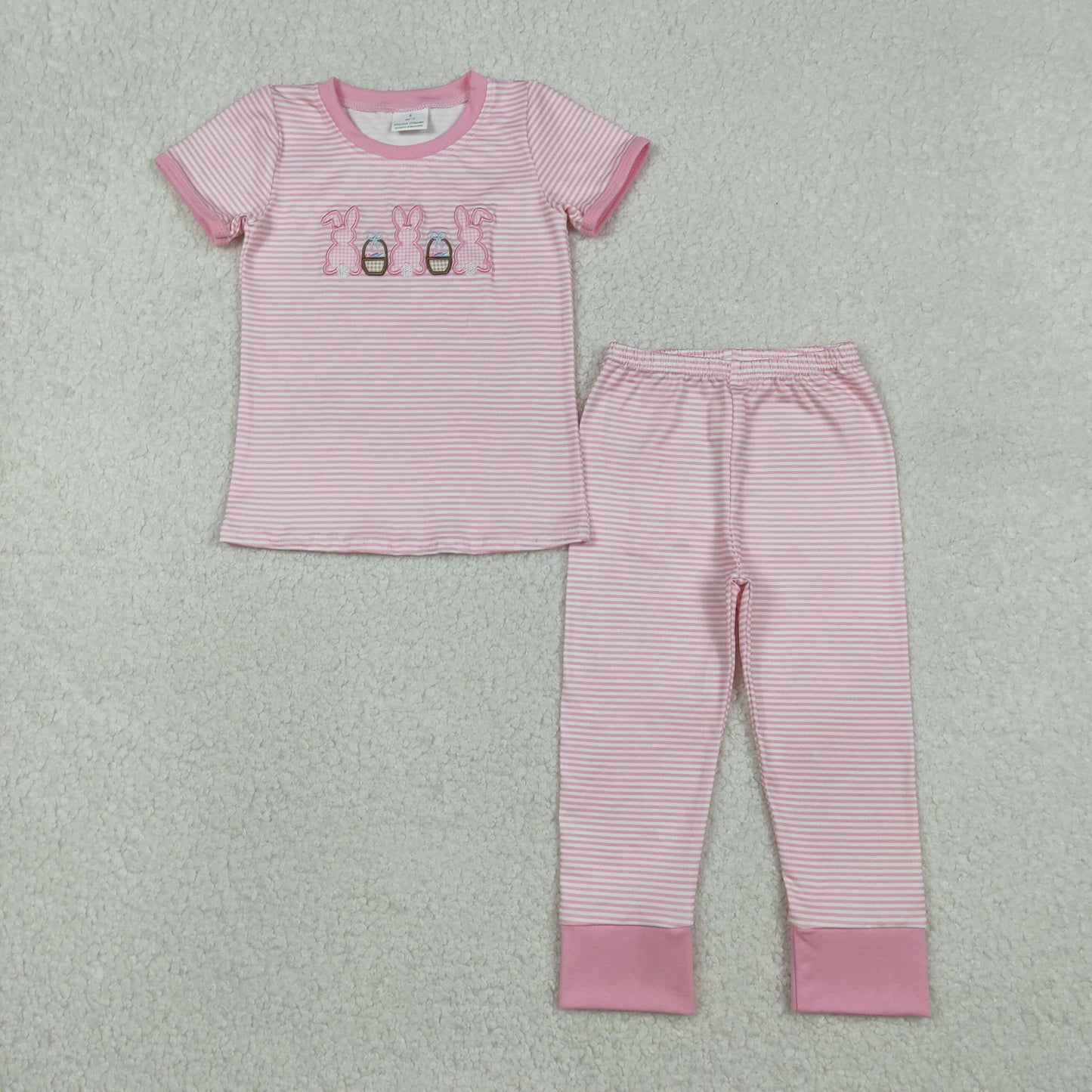 GSPO2117 Embroidered Easter Bunny Pink Stripe Short-Sleeved Pants Girls Set 202512 RTS