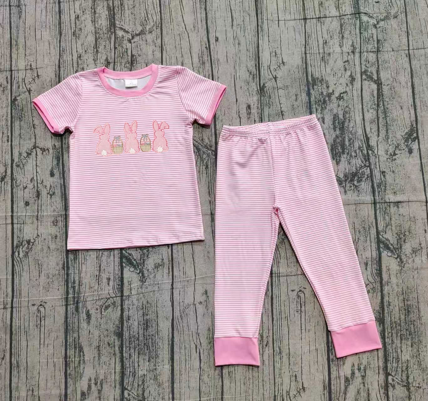 NO MOQ preorder GSPO2117 Embroidered Easter Bunny Pink Stripe Short-Sleeved Pants Girls Set 202510