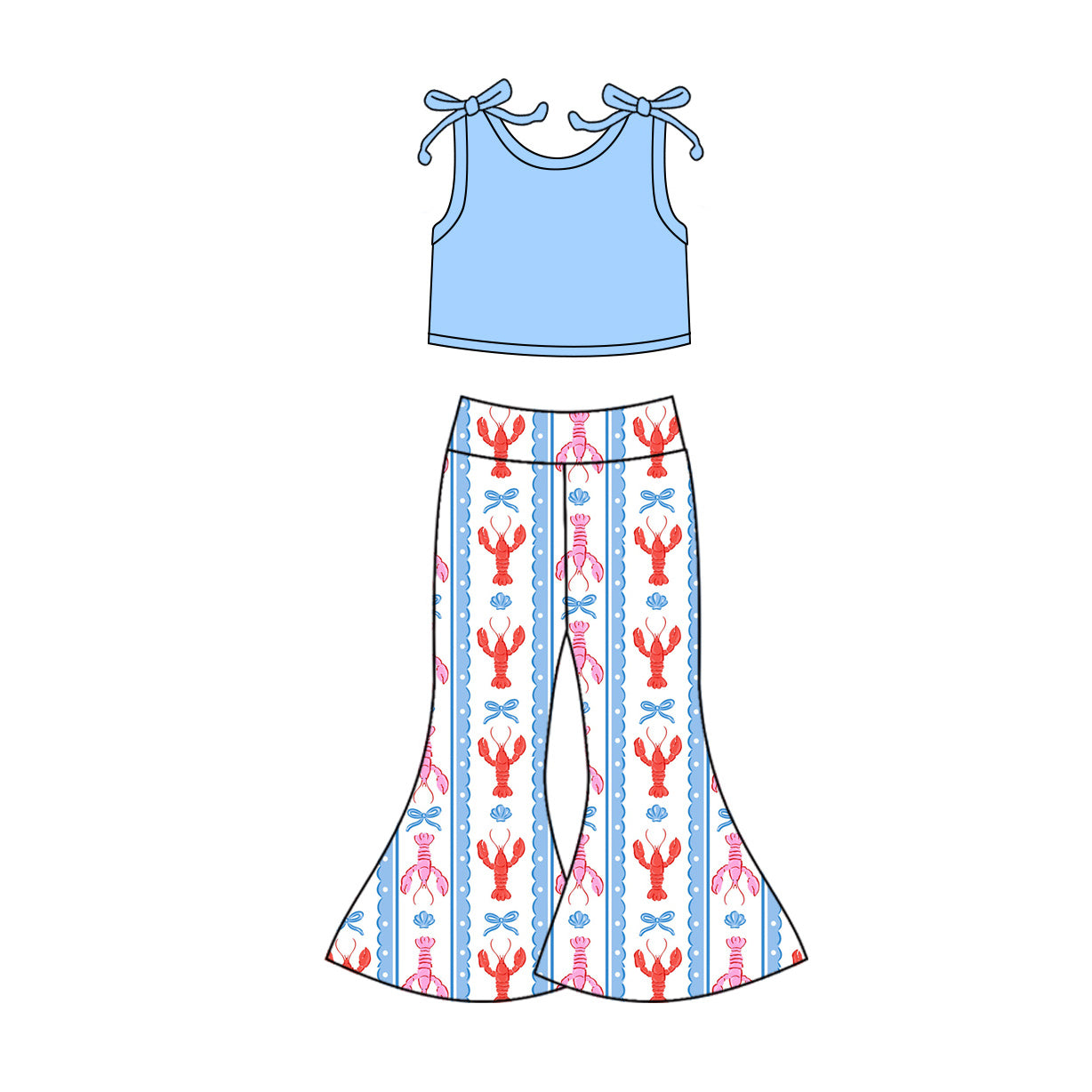 MOQ 5 preorder GSPO2123 Mardi Gras Solid Blue Sleeveless Top Crayfish Bows Bell Bottom Pants Girls Set 202510