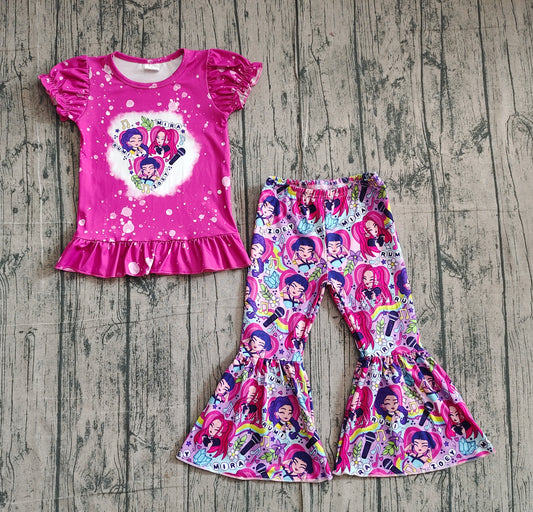 NO MOQ preorder GSPO2128 K-pop Microphone Rose Red Puff Short Sleeve Top Bell Bottom Pants Girls Set 202510