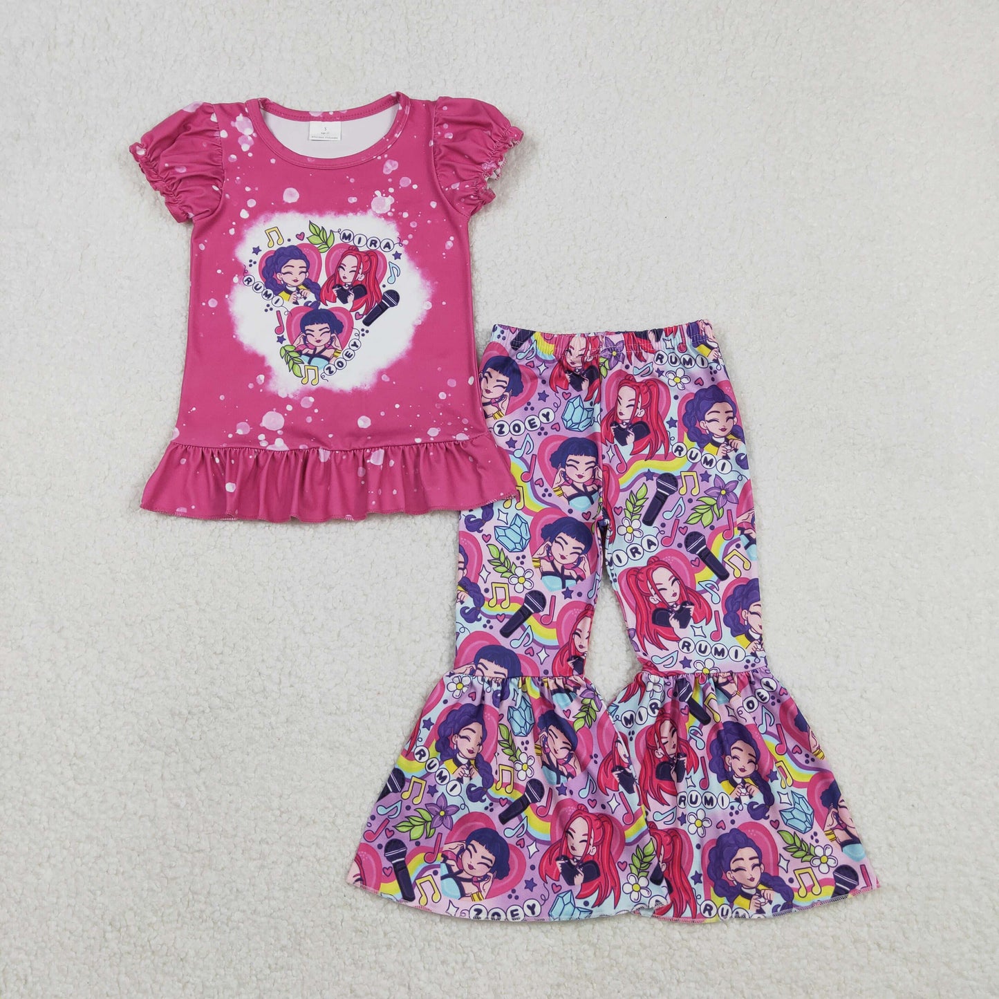 GSPO2128 K-pop Microphone Rose Red Puff Short Sleeve Top Bell Bottom Pants Girls Set 202511 RTS