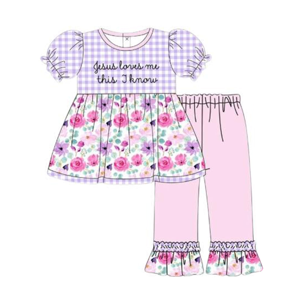 MOQ 5 preorder GSPO2129 Easter jesus loves me this i know Flower Purple Plaid Puff Short Sleeve Top Pink Pants Girls Set 202510