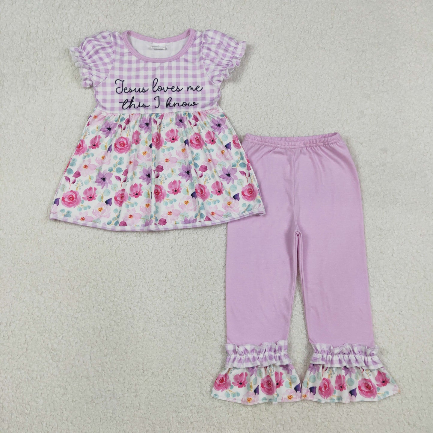 GSPO2129 Embroidered Easter jesus loves me this i know Flower Purple Plaid Puff Short Sleeve Top Pink Pants Girls Set 202512 RTS