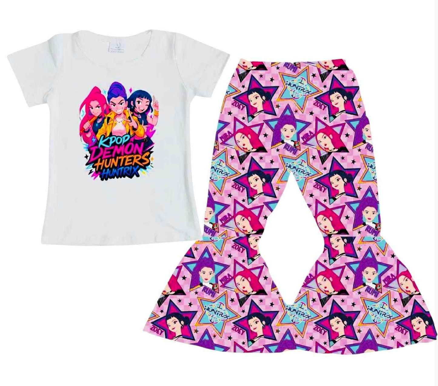 MOQ 5 preorder GSPO2130 K-pop White Short Sleeve Top Bell Bottom Pants Girls Set 202510