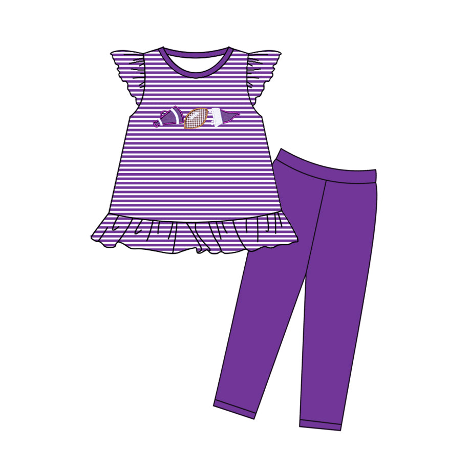 MOQ 5 preorder GSPO2134 Trumpet Rugby Purple Striped Flying Sleeve Pants Girls Set 202510