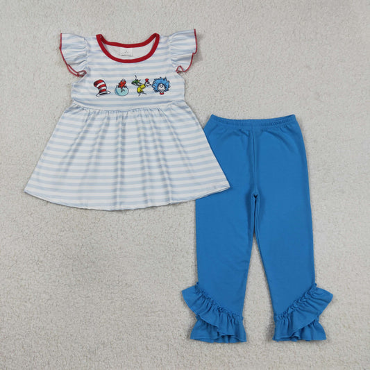 GSPO2136 Dr Seuss Blue Striped Flying Sleeve Pants Girls Sets 202603 RTS