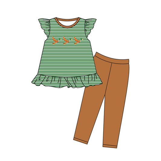 MOQ 5 preorder GSPO2139 Ducks Green Striped Flying Sleeve Brown Pants Girls Set 202510