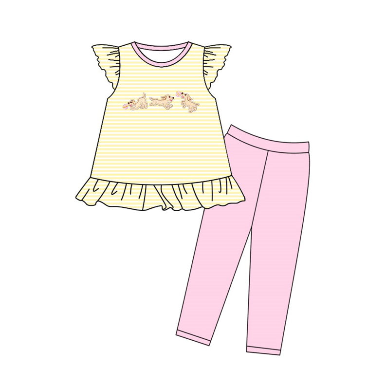 MOQ 5 preorder GSPO2140 Puppy Yellow Striped Flying Sleeve Pink Pants Girls Set 202510