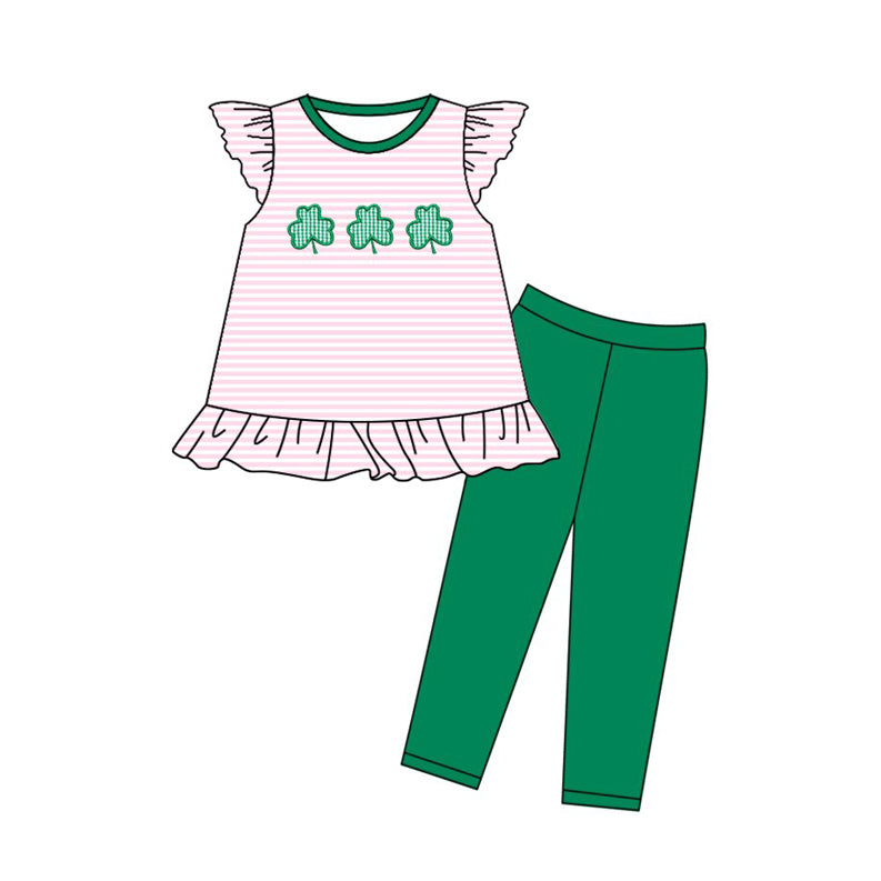 MOQ 5 preorder GSPO2141 St. Patrick's Day Four-Leaf Clover Pink Striped Flying Sleeve Green Pants Girls Set 202510