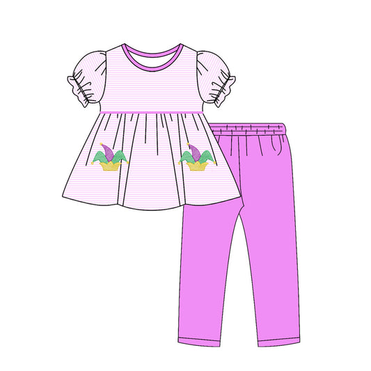 MOQ 5 preorder GSPO2142 Mardi Gras Purple Pink Stripe Puff Short Sleeve Pants Girls Set 202510