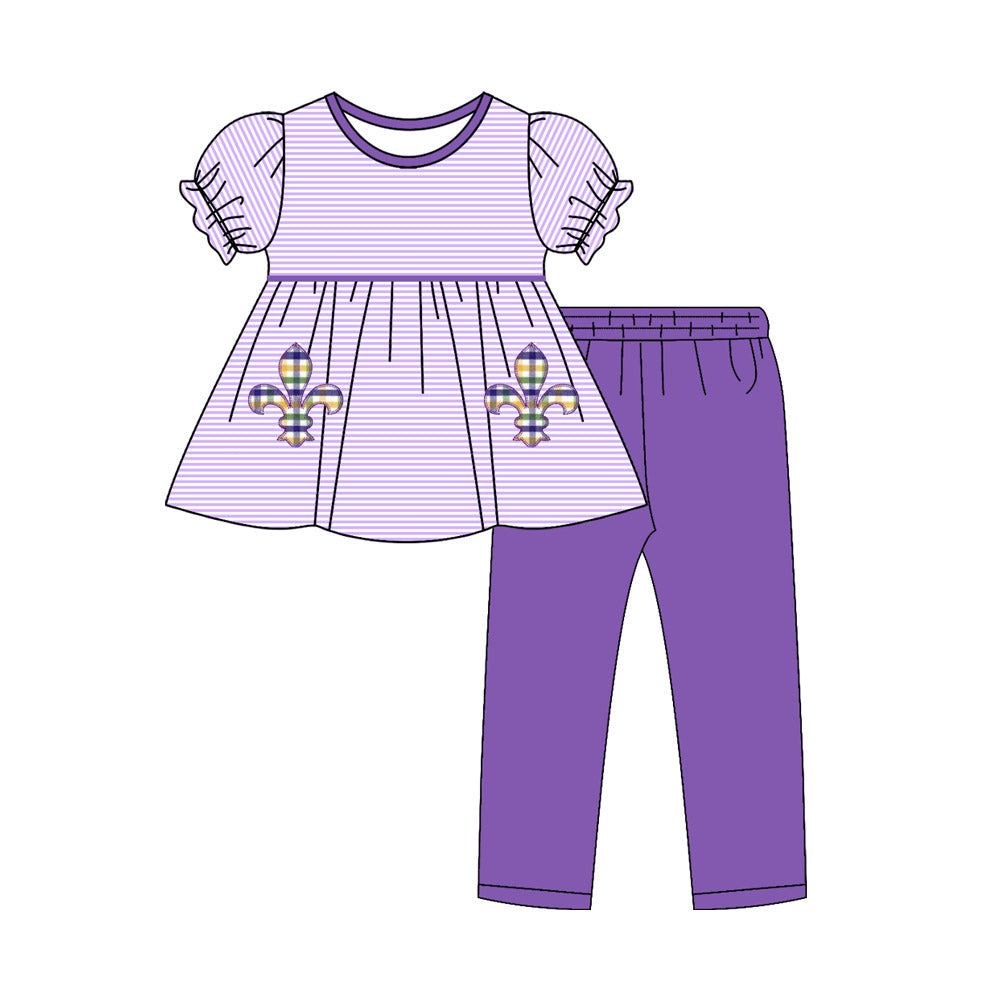 MOQ 5 preorder GSPO2143 Mardi Gras Purple Stripe Puff Short Sleeve Pants Girls Set 202510