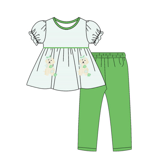 MOQ 5 preorder GSPO2146 St. Patrick's Day Puppy Four-Leaf Clover Green Striped Puff Short Sleeve Pants Girls Set 202510